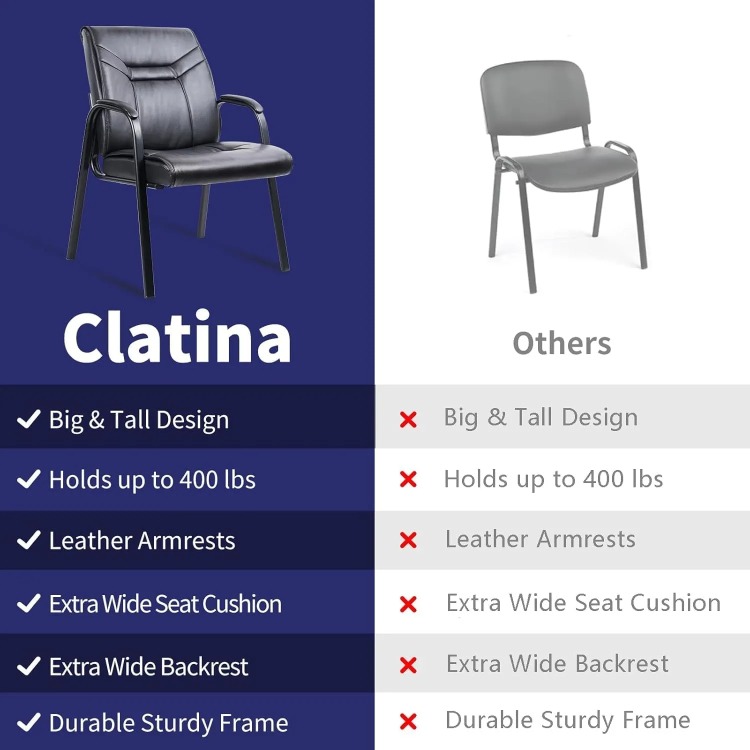 CLATINA Big Tall Wide Office Guest Chair Heavy Duty 500lbs Leather Comfy Side Reception Chairs with Arms No Wheels, Executive Bariatric Lobby Chair for Meeting Conference Waiting Room Stationary Black