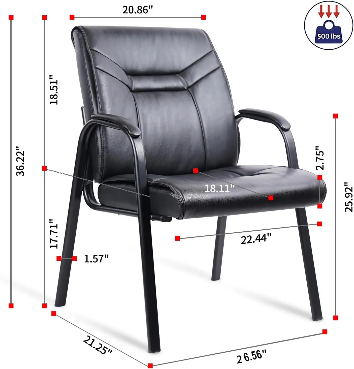 CLATINA Big Tall Wide Office Guest Chair Heavy Duty 500lbs Leather Comfy Side Reception Chairs with Arms No Wheels, Executive Bariatric Lobby Chair for Meeting Conference Waiting Room Stationary Black