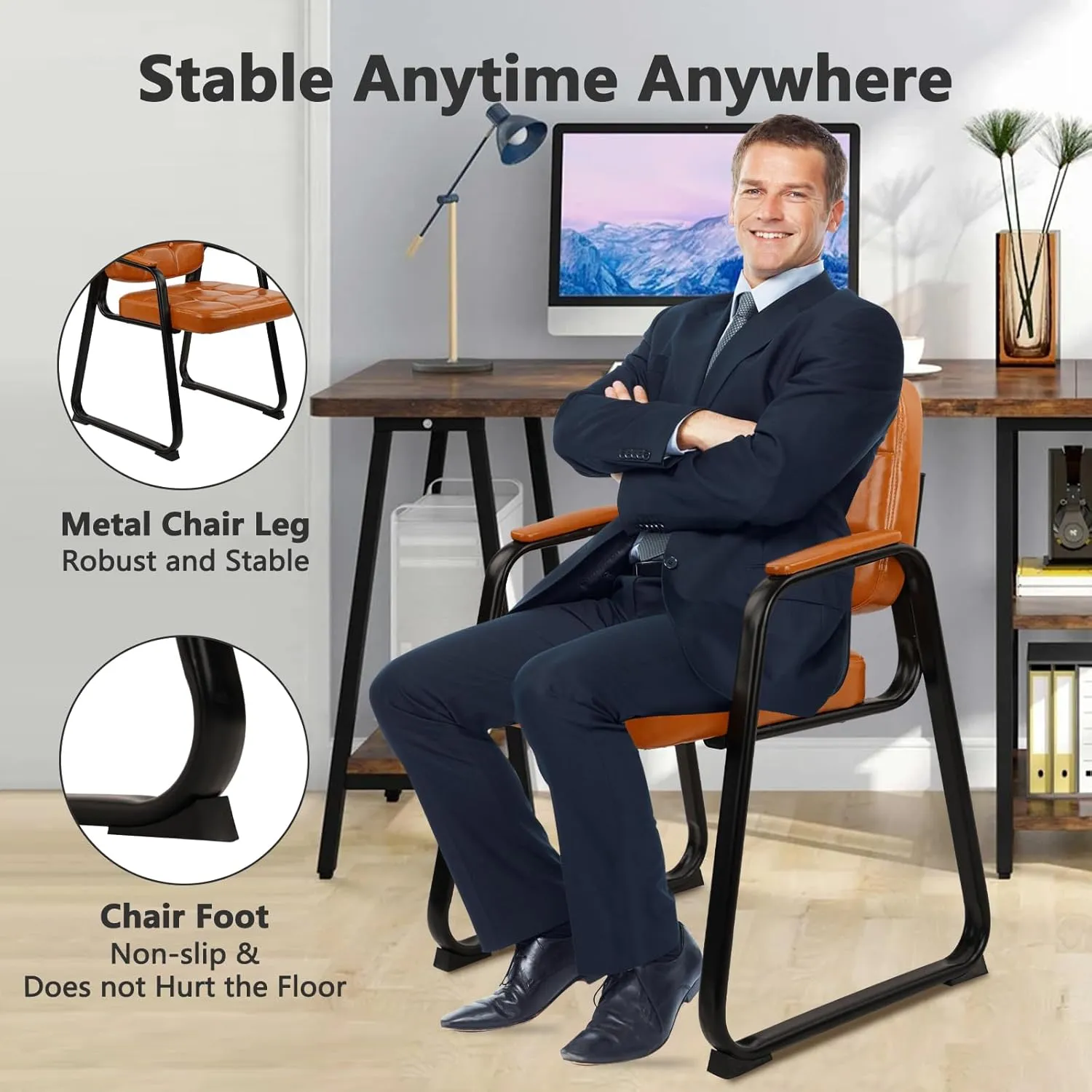 CLATINA Office Guest Chair, Leather Reception Chairs with Padded Arms, Desk Chair No Wheels Stationary for Conference Lobby Waiting Room Training Side Elderly, Set of 4-Orange
