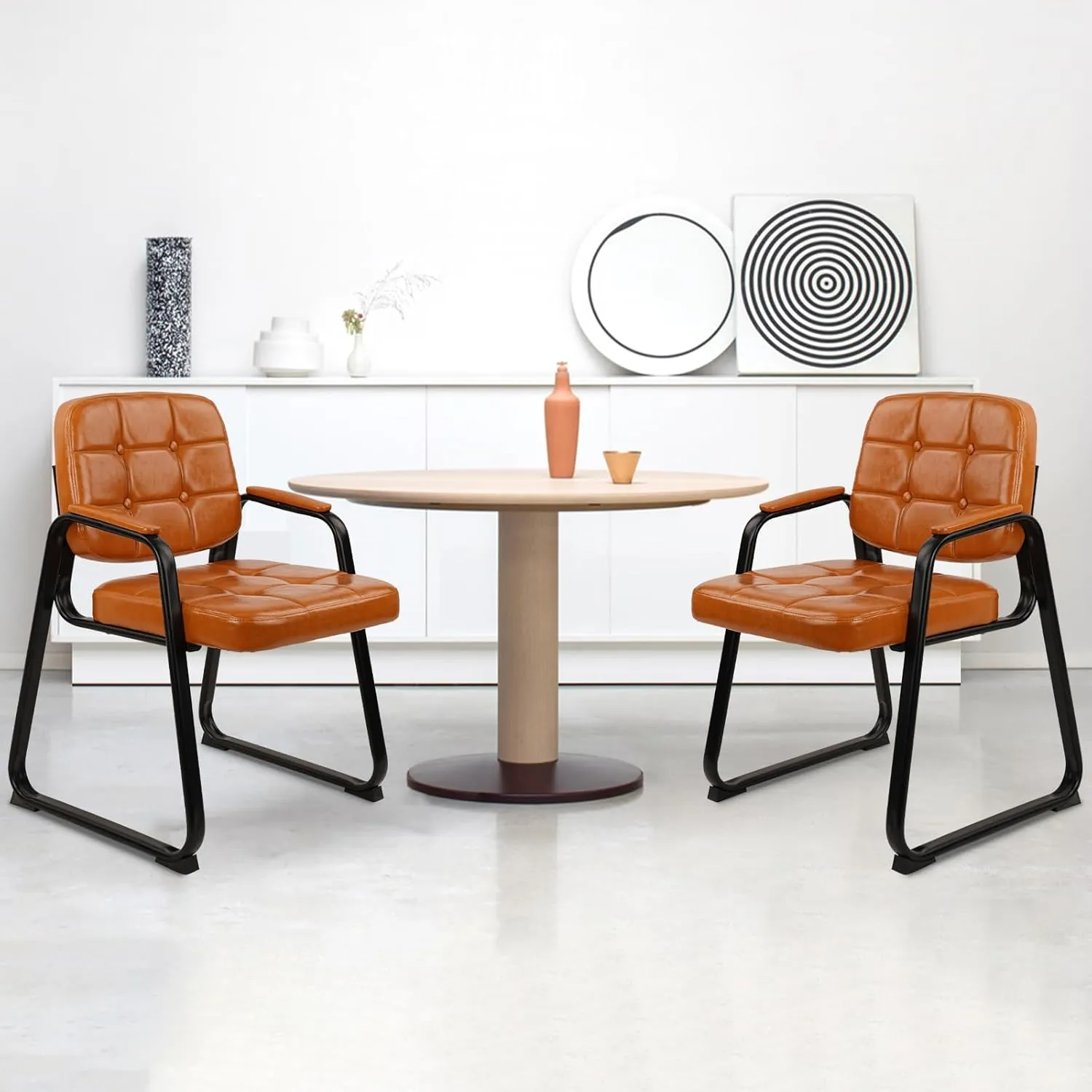 CLATINA Office Guest Chair, Leather Reception Chairs with Padded Arms, Desk Chair No Wheels Stationary for Conference Lobby Waiting Room Training Side Elderly, Set of 4-Orange