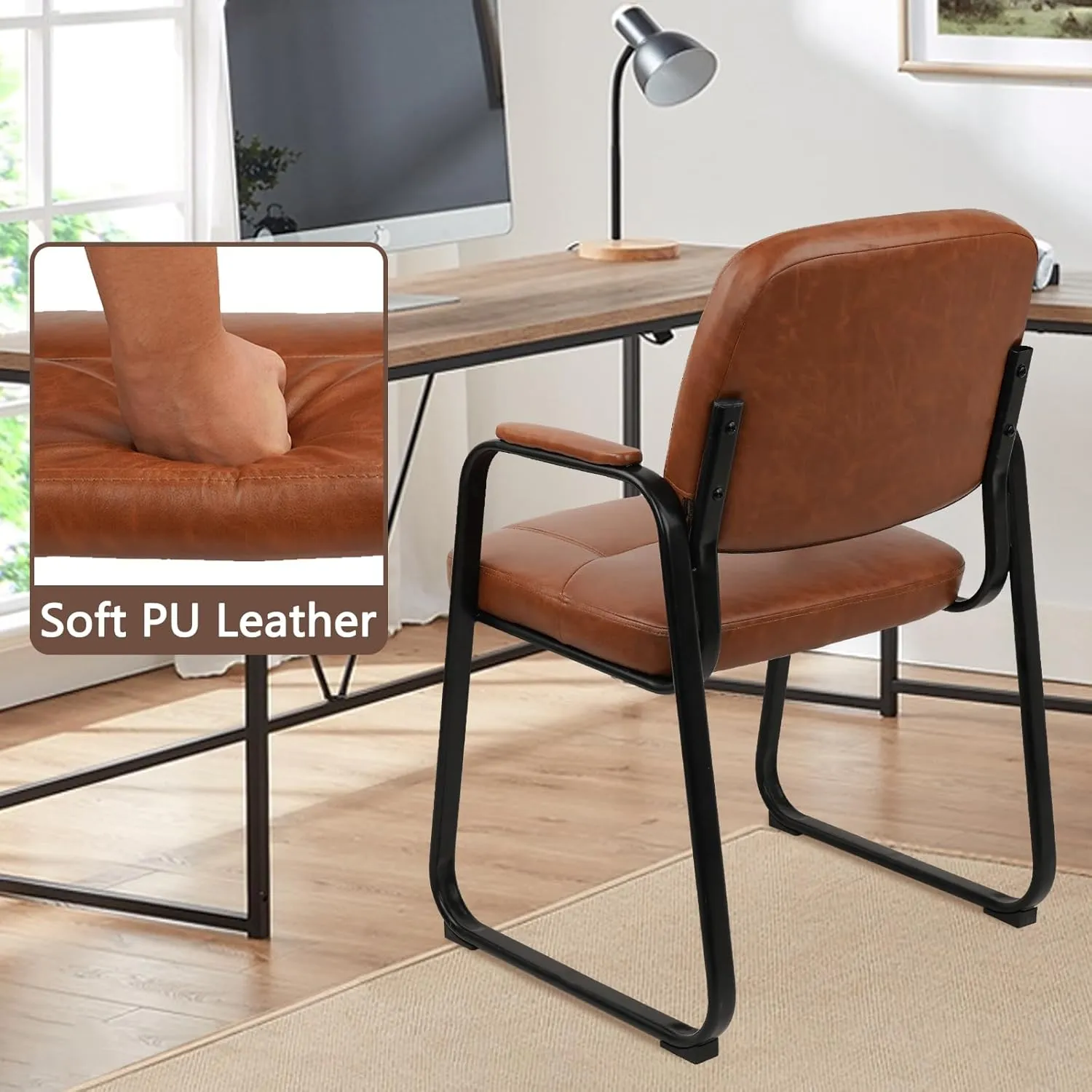 CLATINA Waiting Reception Chairs No Wheel, Leather Guest Chair with Padded Arms, Modern Brown Office Desk Chairs with Sled Base for Office Meeting Conference Room Lobby Home Living Room (1 Pack)