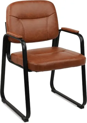 CLATINA Waiting Reception Chairs No Wheel, Leather Guest Chair with Padded Arms, Modern Brown Office Desk Chairs with Sled Base for Office Meeting Conference Room Lobby Home Living Room (1 Pack)