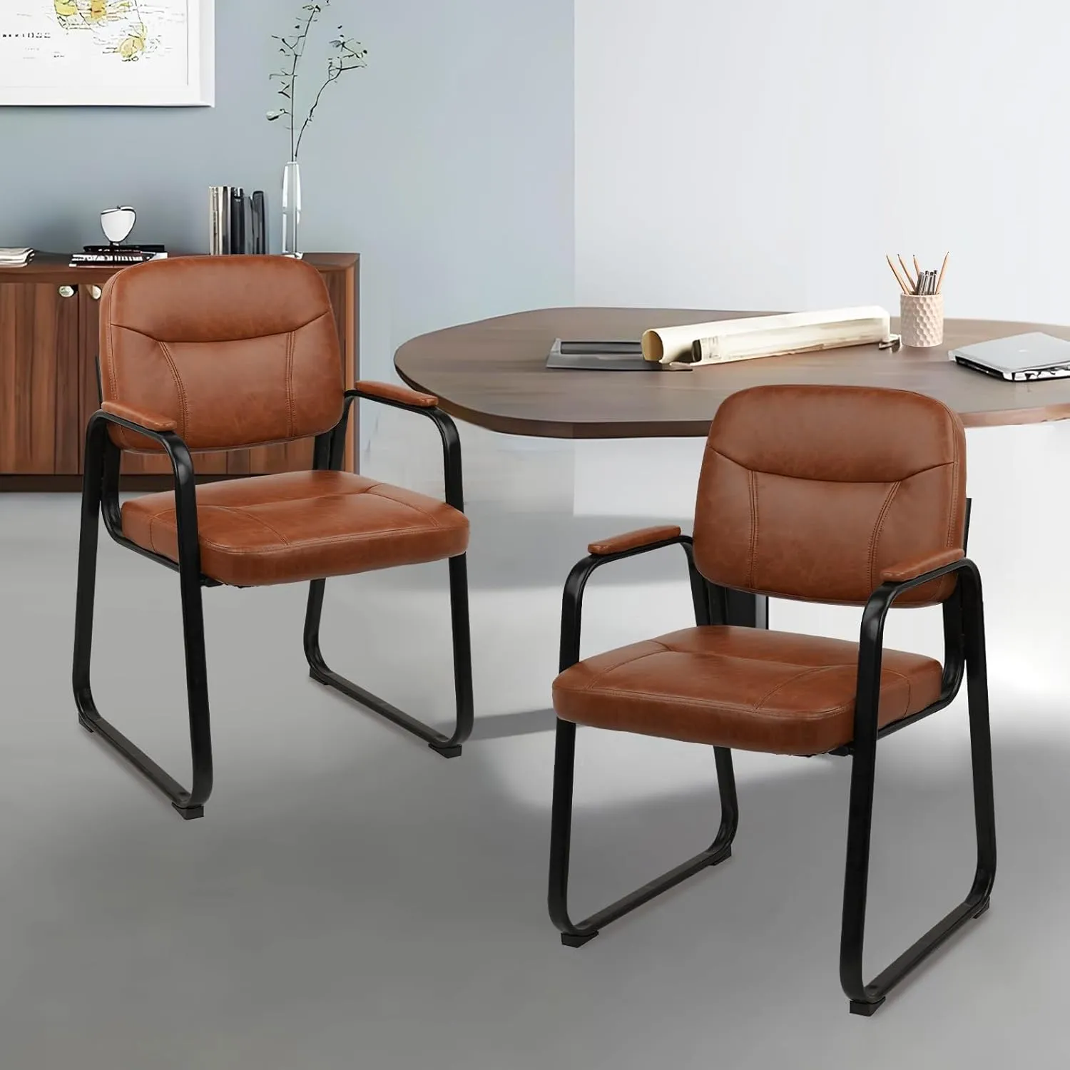 CLATINA Waiting Reception Chairs No Wheel, Leather Guest Chair with Padded Arms, Modern Brown Office Desk Chairs with Sled Base for Office Meeting Conference Room Lobby Home Living Room (1 Pack)