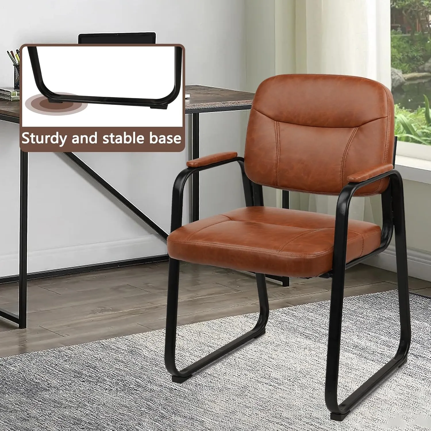 CLATINA Waiting Reception Chairs No Wheel, Leather Guest Chair with Padded Arms, Modern Brown Office Desk Chairs with Sled Base for Office Meeting Conference Room Lobby Home Living Room (1 Pack)