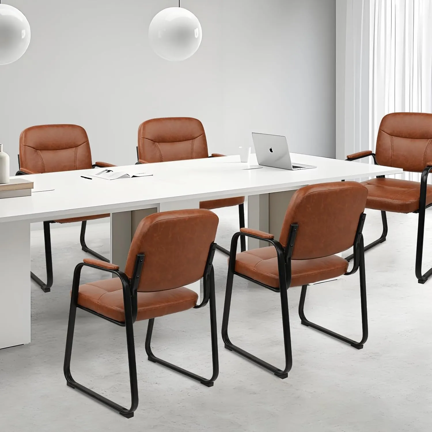 CLATINA Waiting Reception Chairs No Wheel, Leather Guest Chair with Padded Arms, Modern Brown Office Desk Chairs with Sled Base for Office Meeting Conference Room Lobby Home Living Room (1 Pack)