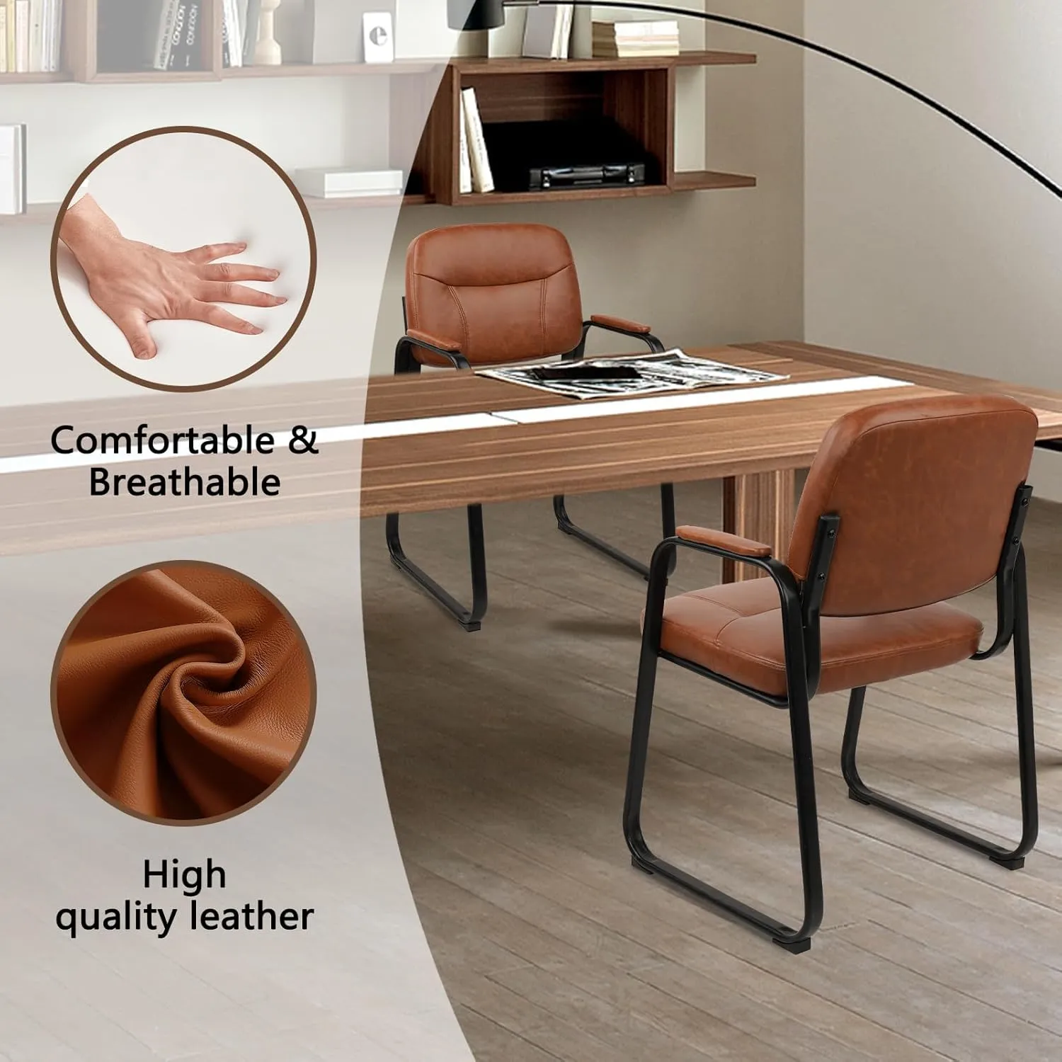 CLATINA Waiting Reception Chairs No Wheel, Leather Guest Chair with Padded Arms, Modern Brown Office Desk Chairs with Sled Base for Office Meeting Conference Room Lobby Home Living Room (1 Pack)