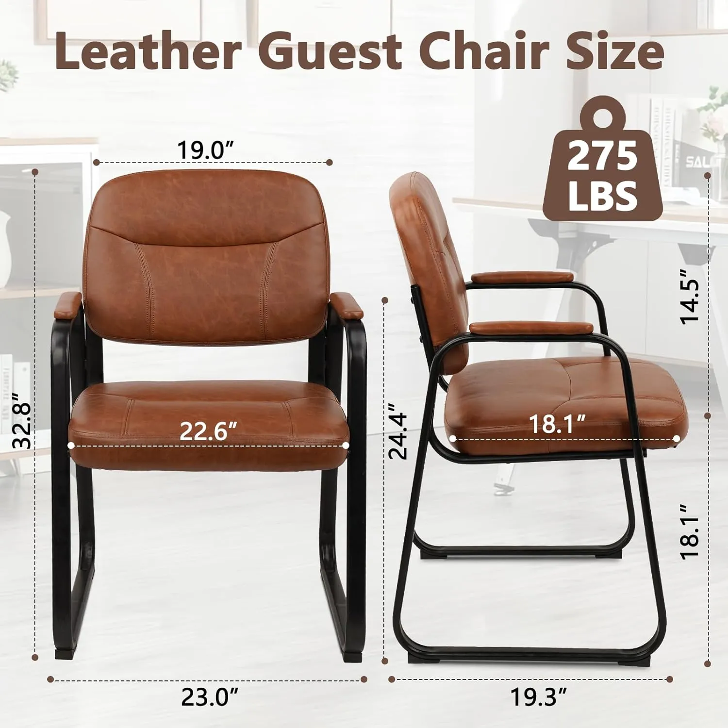 CLATINA Waiting Reception Chairs No Wheel, Leather Guest Chair with Padded Arms, Modern Brown Office Desk Chairs with Sled Base for Office Meeting Conference Room Lobby Home Living Room (1 Pack)