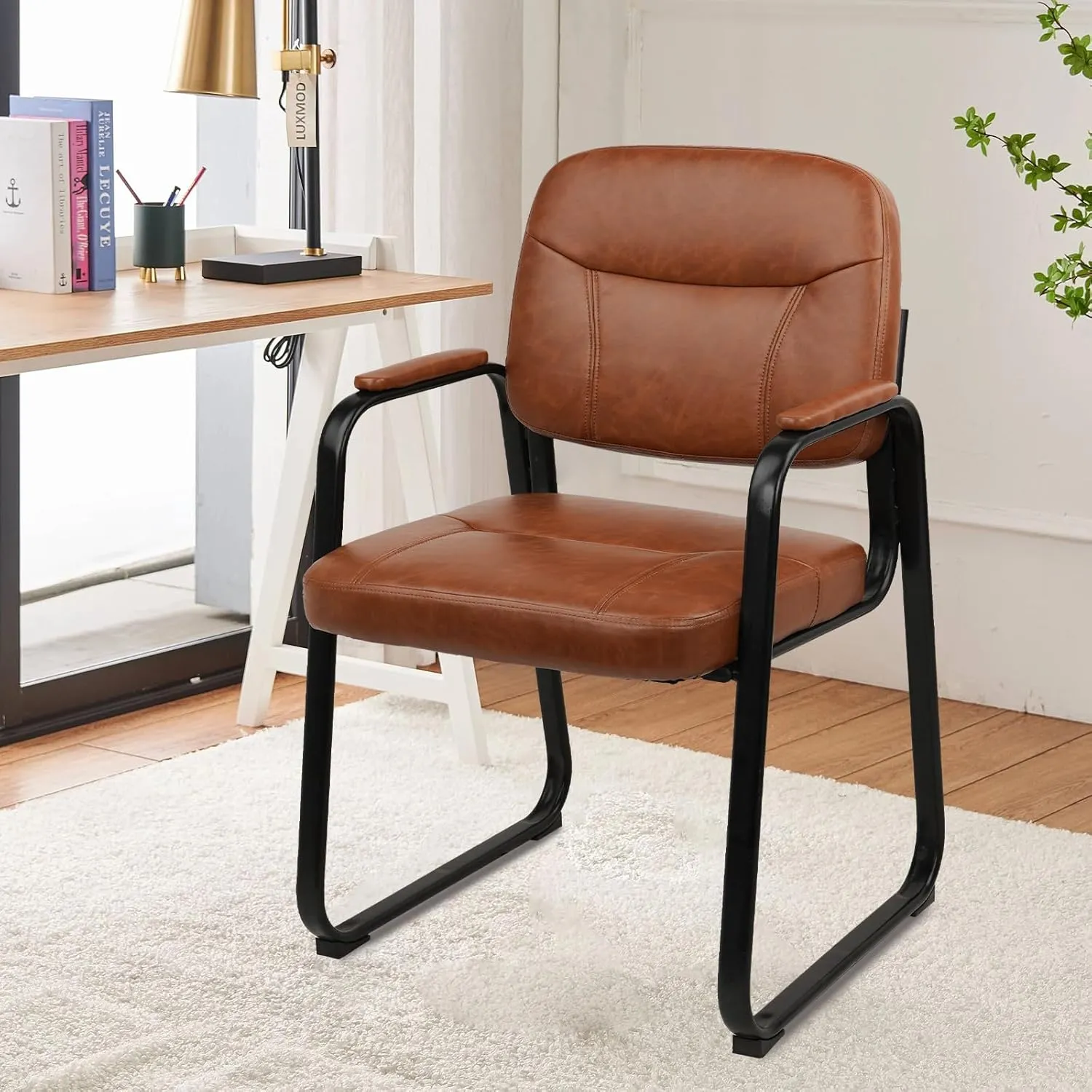 CLATINA Waiting Reception Chairs No Wheel, Leather Guest Chair with Padded Arms, Modern Brown Office Desk Chairs with Sled Base for Office Meeting Conference Room Lobby Home Living Room (1 Pack)