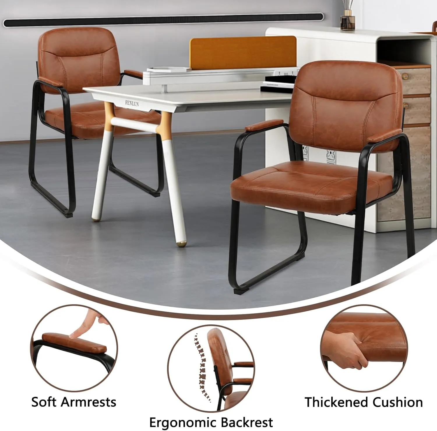 CLATINA Waiting Reception Chairs No Wheel, Leather Guest Chair with Padded Arms, Modern Brown Office Desk Chairs with Sled Base for Office Meeting Conference Room Lobby Home Living Room (1 Pack)