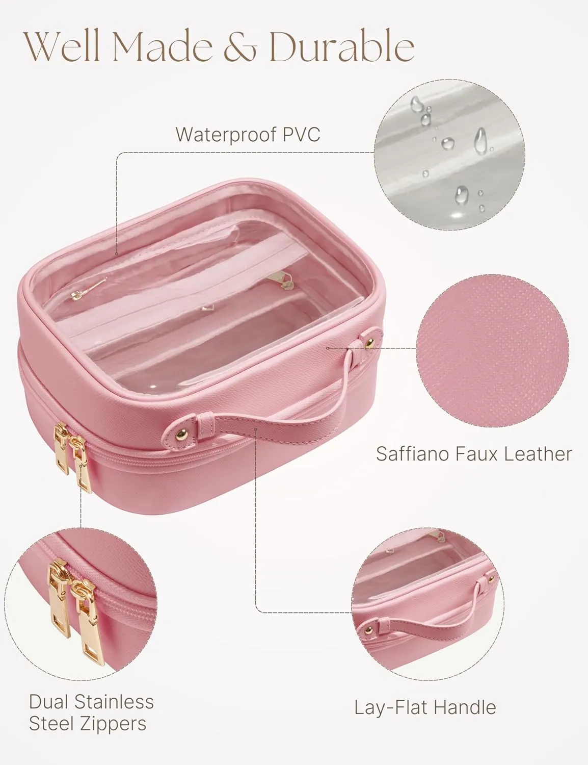Clear Cosmetic Bag Double Layer 4 Compartments Travel Toiletry Bag Clear Makeup Case with Zipper Transparent Travel Bag for Toiletries, TSA Approved, Gift for Women Girls (Pink)
