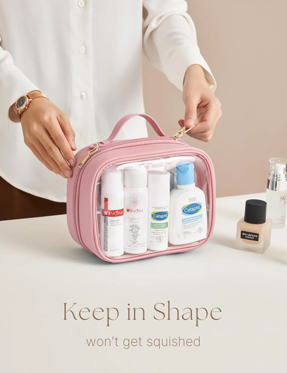 Clear Cosmetic Bag Double Layer 4 Compartments Travel Toiletry Bag Clear Makeup Case with Zipper Transparent Travel Bag for Toiletries, TSA Approved, Gift for Women Girls (Pink)