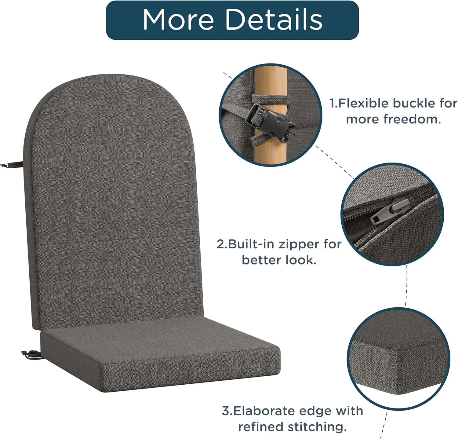 Codi Adirondack Chair Cushion – Thick Padded Outdoor Seat for Patio & Porch, Fade Resistant Waterproof Fabric with Ties, Grey