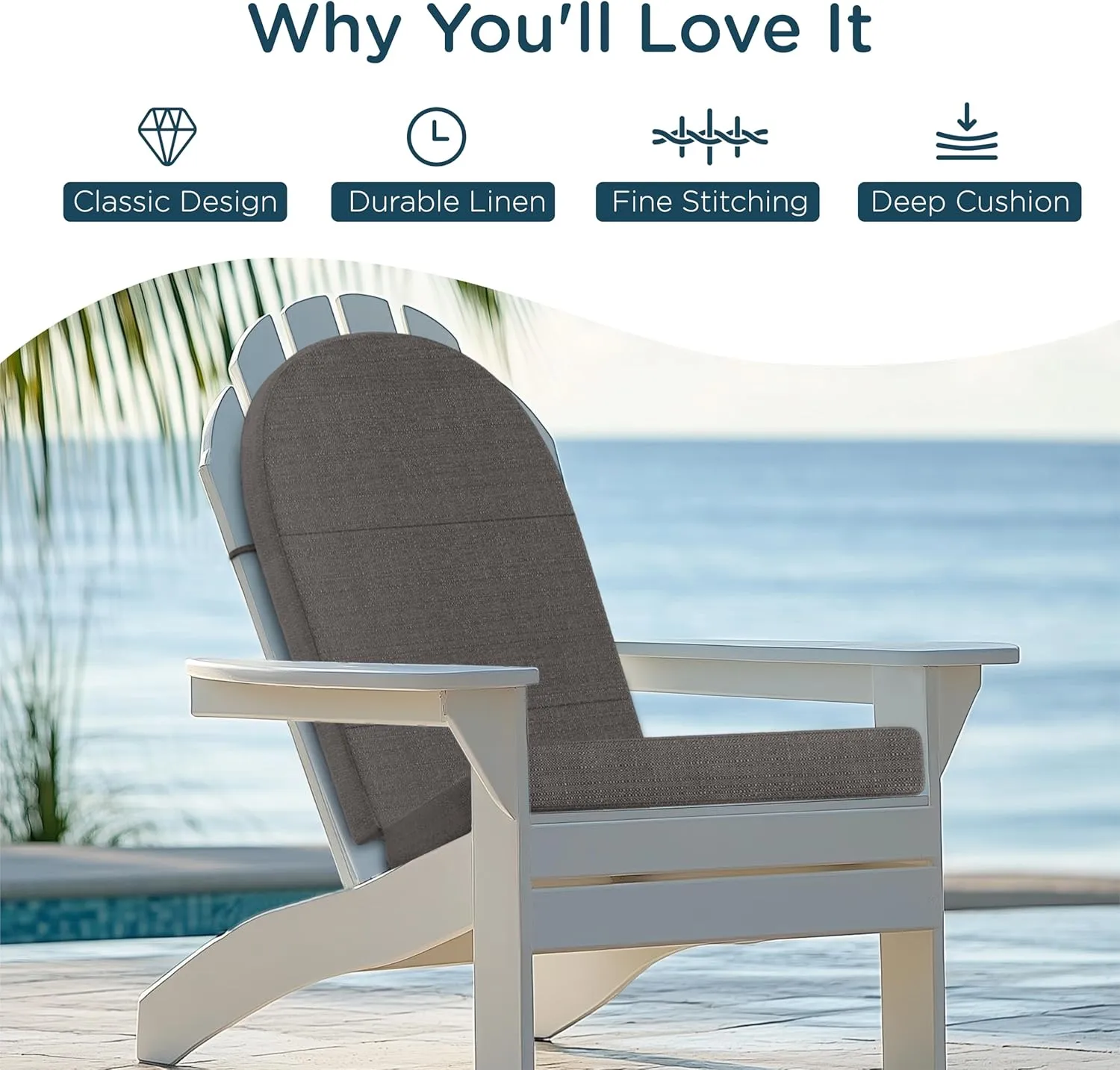 Codi Adirondack Chair Cushion – Thick Padded Outdoor Seat for Patio & Porch, Fade Resistant Waterproof Fabric with Ties, Grey