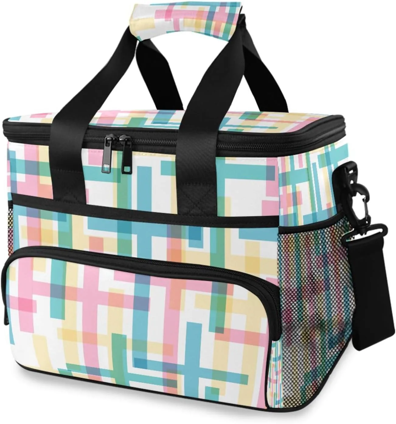 Colorful Cross Stripes Reusable Insulated Lunch Bag, Leak-Proof Cooler Bag, Portable Lunch Bag for Work, Camping, Picnic