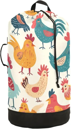 Colorful Cute Chicken Laundry Backpack Bag with Drawstring Closure Waterproof Laundry Bag Laundry Hamper Clothes Storage for Travel Laundromat Apartment