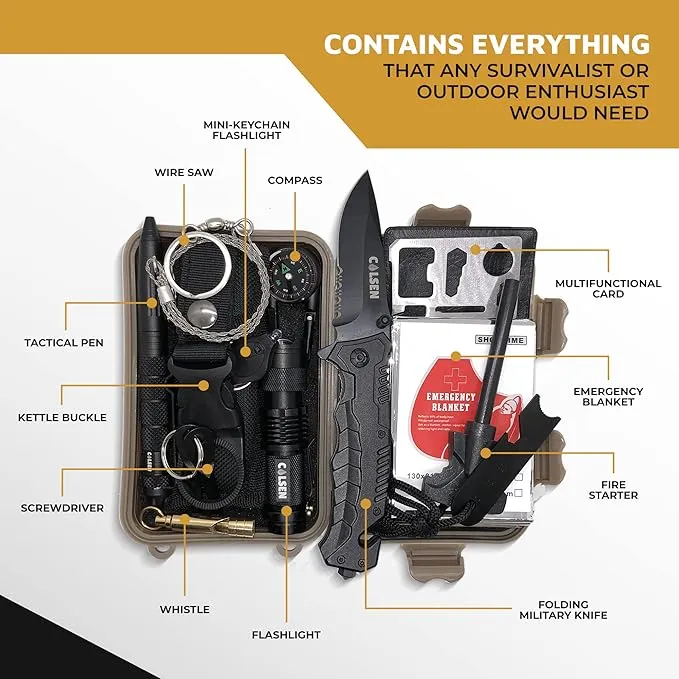 COLSEN 13 in 1 Survival Kit | Professional Outdoor Tactical Gadgets | Gear Tool Equipment Supplies | Essential Accessories for Hiking Camping Climbing Adventures | Gifts for Him Husband Boyfriend Men