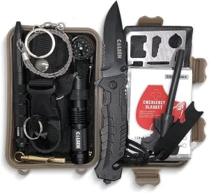 COLSEN 13 in 1 Survival Kit | Professional Outdoor Tactical Gadgets | Gear Tool Equipment Supplies | Essential Accessories for Hiking Camping Climbing Adventures | Gifts for Him Husband Boyfriend Men