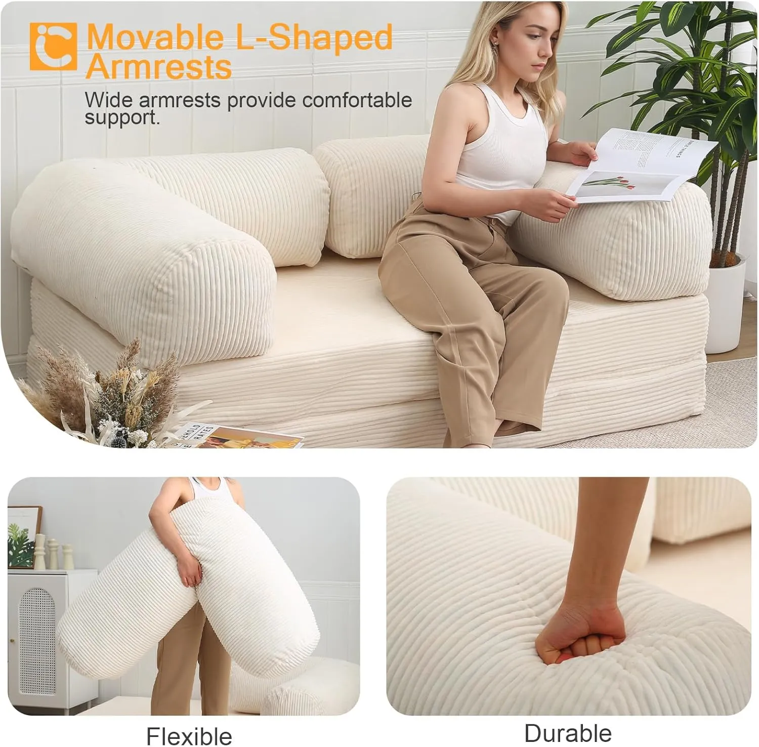 COMAX Folding Sofa Bed Queen, 4-in-1 Foldable Floor Couch Convertible Futon Sofa with Armrests Sleeper Mattress Chair Bed Comfy Portable Fold Out Lounge Guest for Living Room Bedroom, Beige