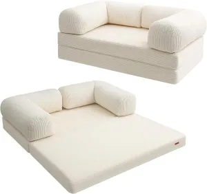 COMAX Folding Sofa Bed Queen, 4-in-1 Foldable Floor Couch Convertible Futon Sofa with Armrests Sleeper Mattress Chair Bed Comfy Portable Fold Out Lounge Guest for Living Room Bedroom, Beige