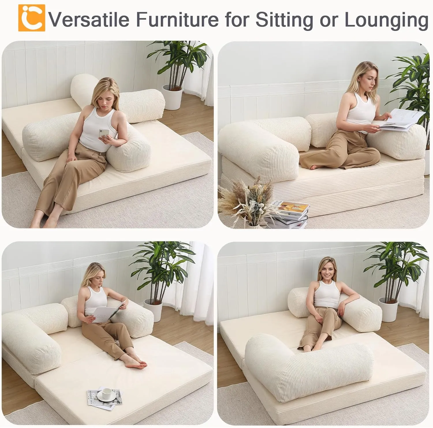 COMAX Folding Sofa Bed Queen, 4-in-1 Foldable Floor Couch Convertible Futon Sofa with Armrests Sleeper Mattress Chair Bed Comfy Portable Fold Out Lounge Guest for Living Room Bedroom, Beige