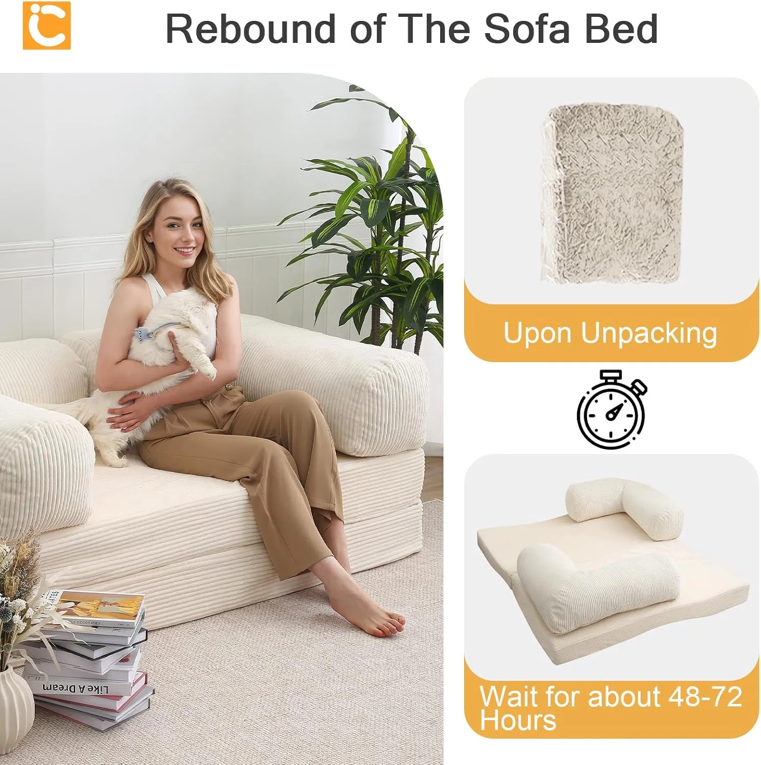 COMAX Folding Sofa Bed Queen, 4-in-1 Foldable Floor Couch Convertible Futon Sofa with Armrests Sleeper Mattress Chair Bed Comfy Portable Fold Out Lounge Guest for Living Room Bedroom, Beige