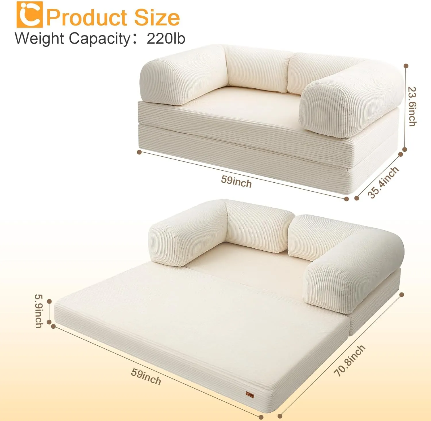 COMAX Folding Sofa Bed Queen, 4-in-1 Foldable Floor Couch Convertible Futon Sofa with Armrests Sleeper Mattress Chair Bed Comfy Portable Fold Out Lounge Guest for Living Room Bedroom, Beige
