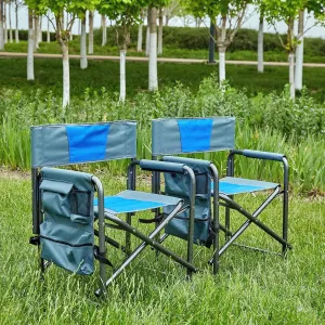 Comfortable 2-Piece Padded Folding Outdoor Chair Set, Lightweight Directors Style with Storage Pockets, for Camping, Picnics, and Fishing, Blue/Grey