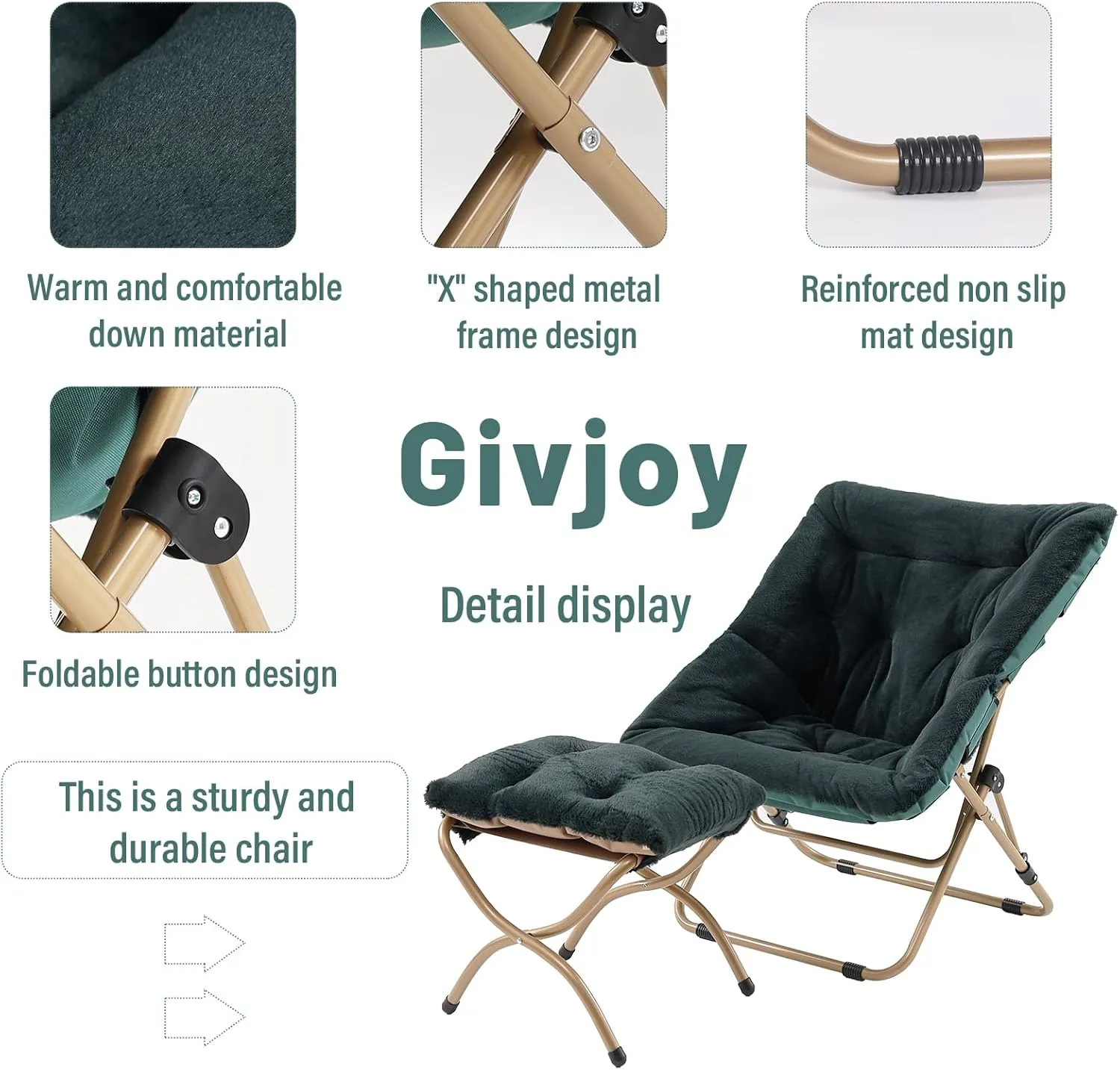 Comfy Folded Chair with Ottoman, Oversized Folding Faux Fur Chair Soft Furry Lounge Lazy Chair with Metal Frame Moon Chair Accent Chair for Bedroom, Living Room, Dorm Rooms