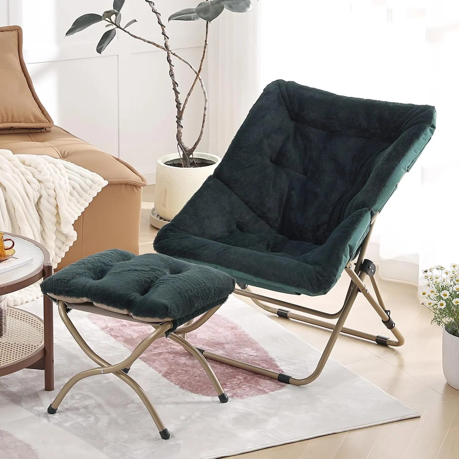 Comfy Folded Chair with Ottoman, Oversized Folding Faux Fur Chair Soft Furry Lounge Lazy Chair with Metal Frame Moon Chair Accent Chair for Bedroom, Living Room, Dorm Rooms