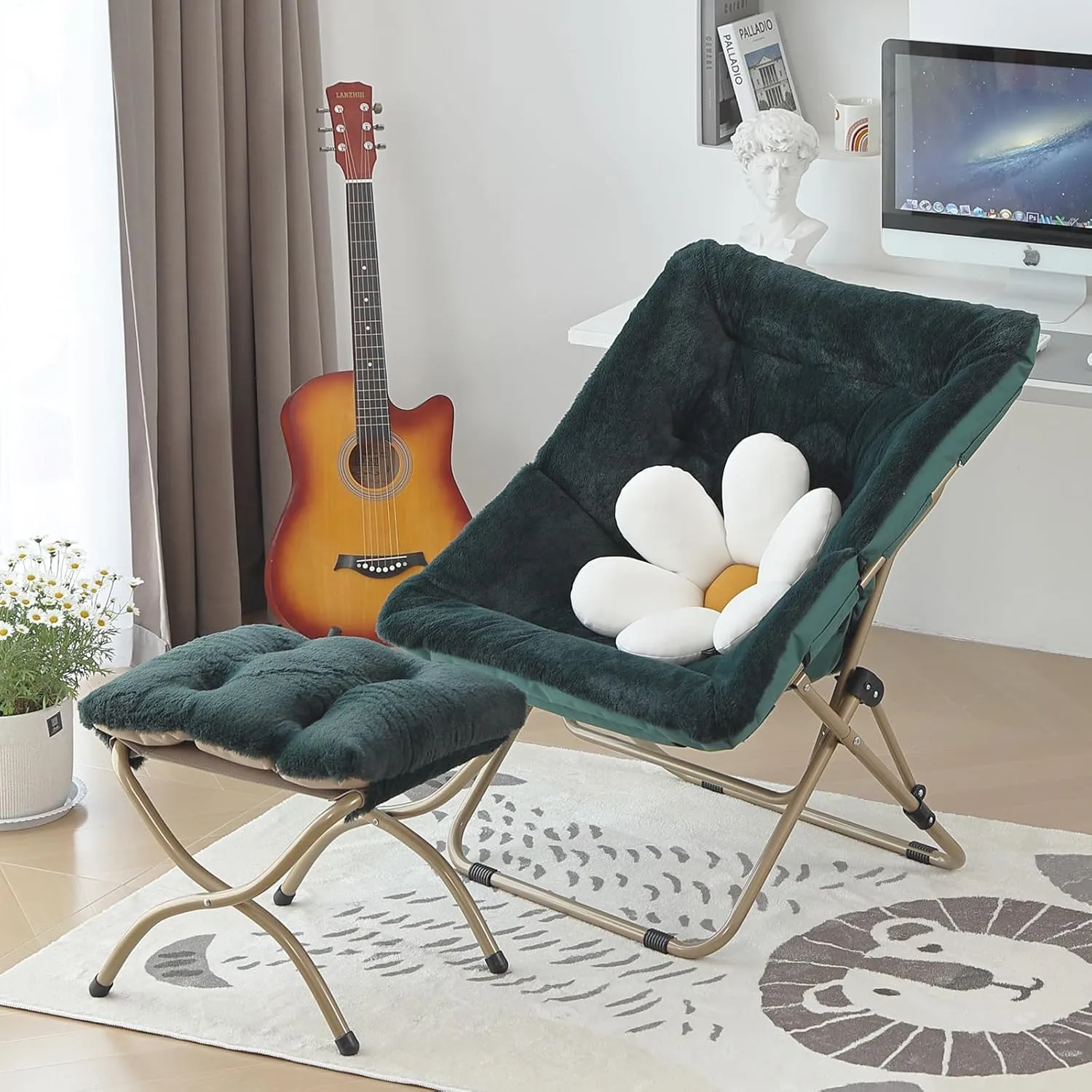 Comfy Folded Chair with Ottoman, Oversized Folding Faux Fur Chair Soft Furry Lounge Lazy Chair with Metal Frame Moon Chair Accent Chair for Bedroom, Living Room, Dorm Rooms