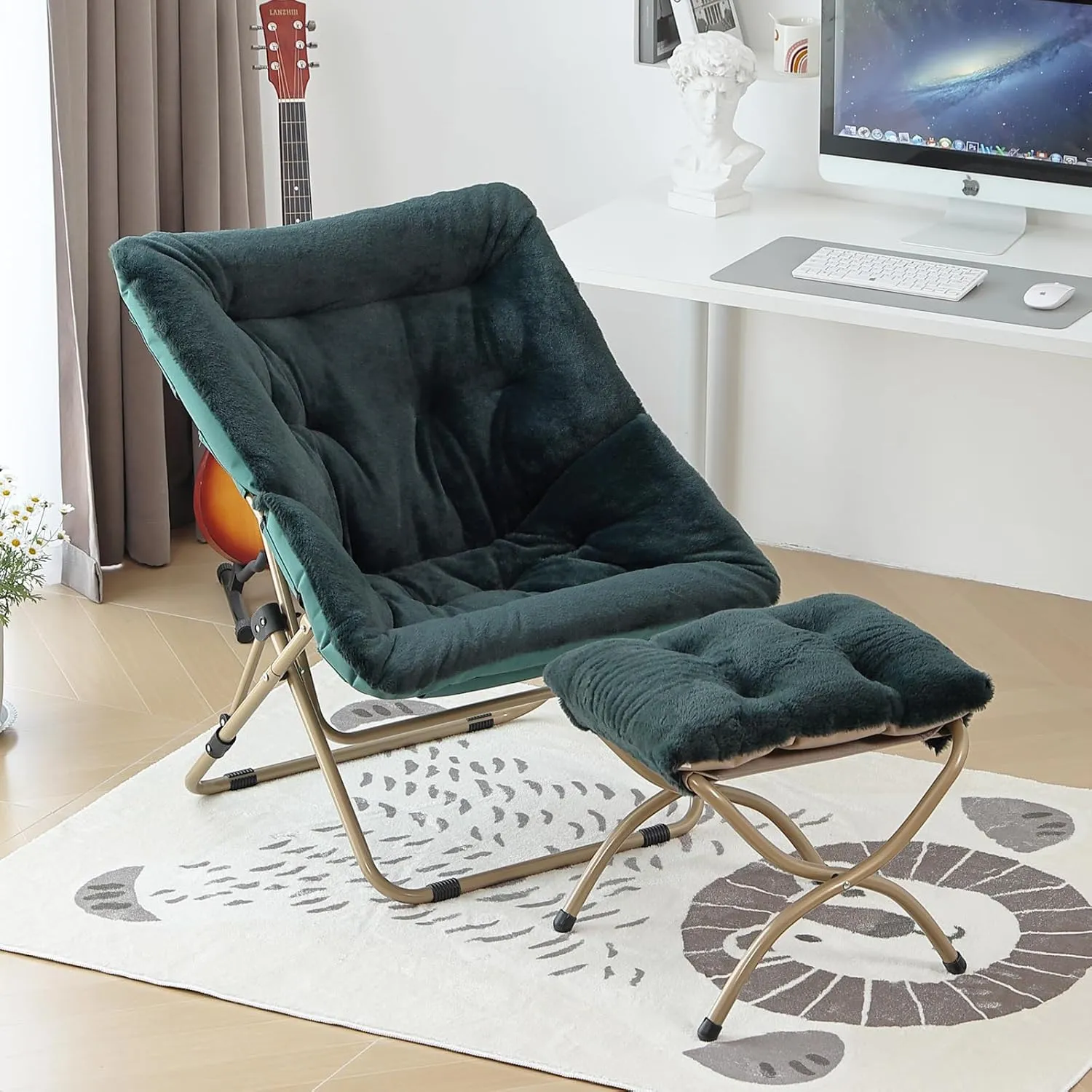 Comfy Folded Chair with Ottoman, Oversized Folding Faux Fur Chair Soft Furry Lounge Lazy Chair with Metal Frame Moon Chair Accent Chair for Bedroom, Living Room, Dorm Rooms