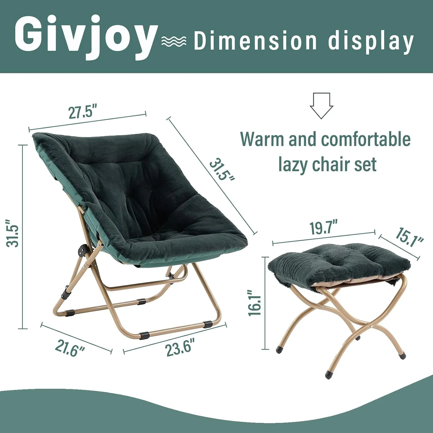 Comfy Folded Chair with Ottoman, Oversized Folding Faux Fur Chair Soft Furry Lounge Lazy Chair with Metal Frame Moon Chair Accent Chair for Bedroom, Living Room, Dorm Rooms