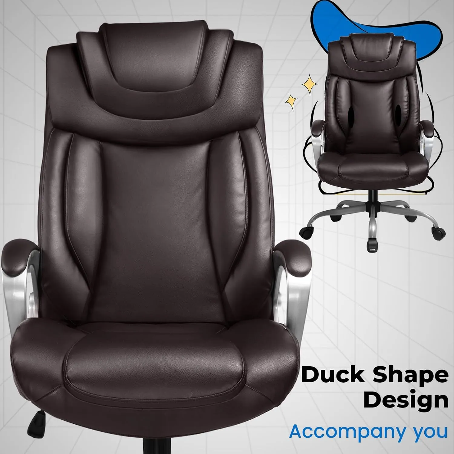 COMHOMA Ergonomic Office Chair Wheels Home Office Desk Chairs Comfy Back Support PU Leather Executive Office Chair with Headrest Padded Armrests Height Adjustable Tilt Swivel Rolling Reclining Seat