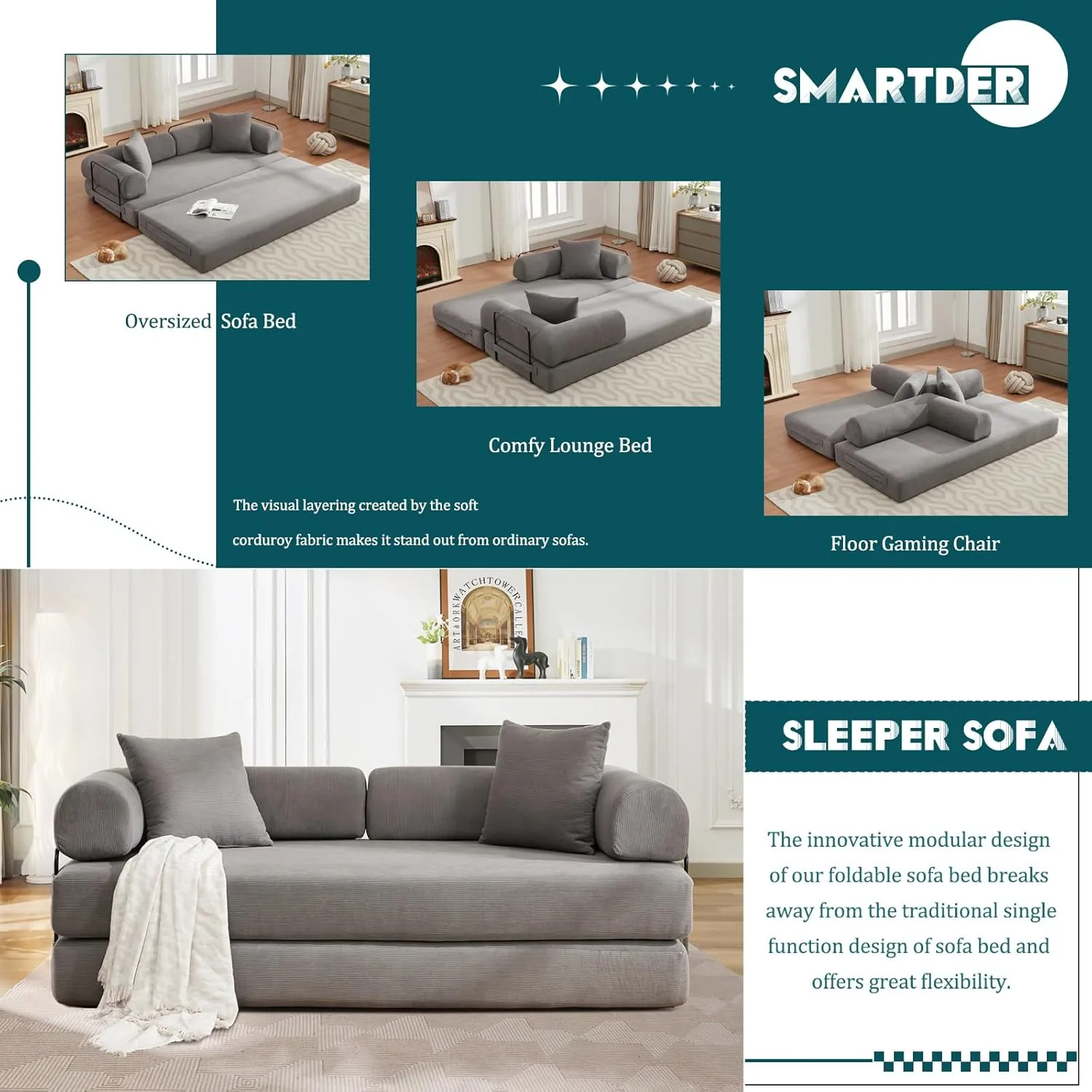 Convertible Folding Sofa Bed, Modular Floor Sofa with Removable Backrest, 3-Seater Fold Out Couch Bed with Pillows, King Size Futon Lazy Couch Corduroy Sleeper for Living Room, Dorm, Grey