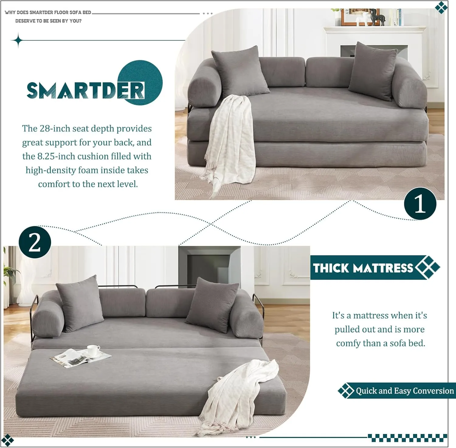 Convertible Folding Sofa Bed, Modular Floor Sofa with Removable Backrest, 3-Seater Fold Out Couch Bed with Pillows, King Size Futon Lazy Couch Corduroy Sleeper for Living Room, Dorm, Grey