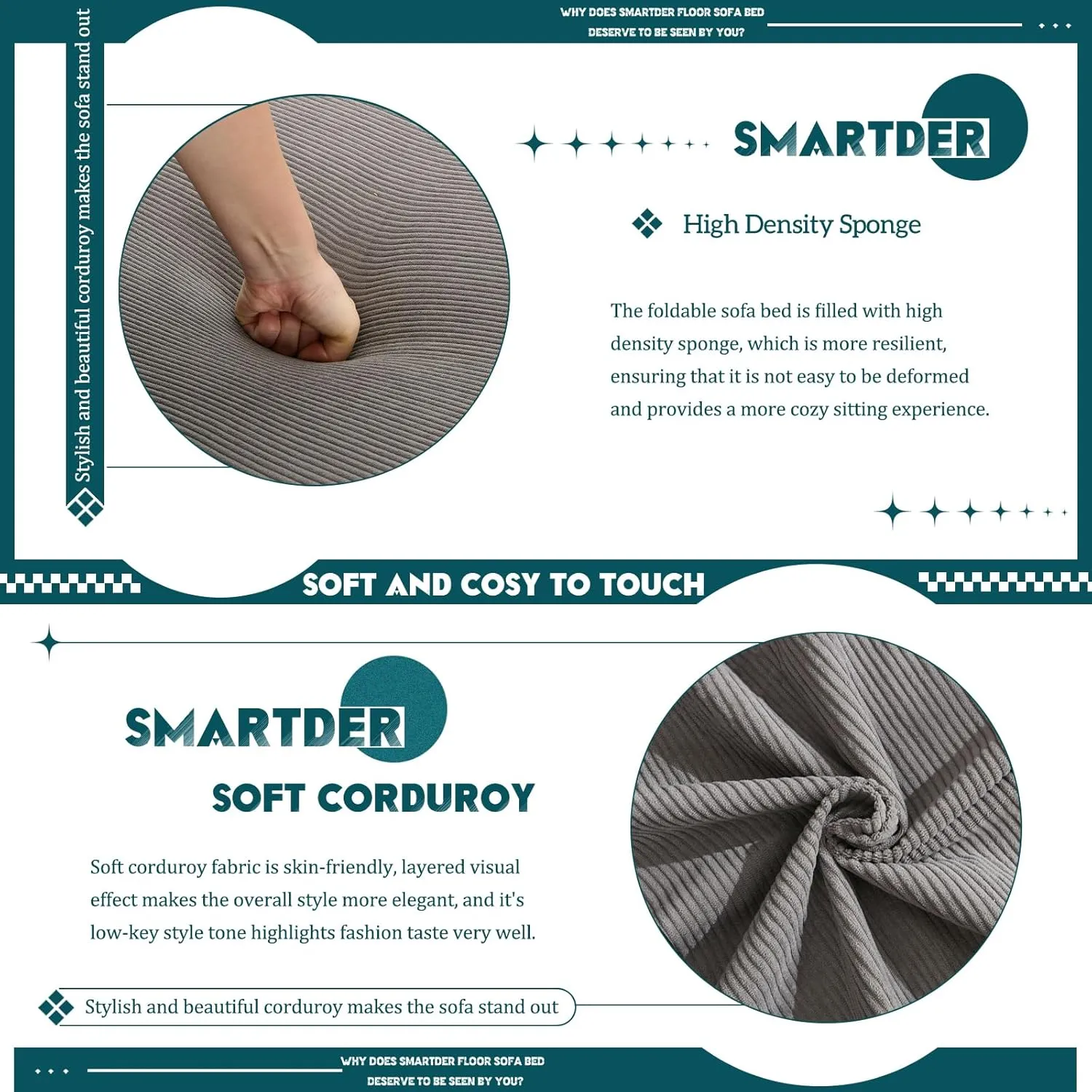 Convertible Folding Sofa Bed, Modular Floor Sofa with Removable Backrest, 3-Seater Fold Out Couch Bed with Pillows, King Size Futon Lazy Couch Corduroy Sleeper for Living Room, Dorm, Grey
