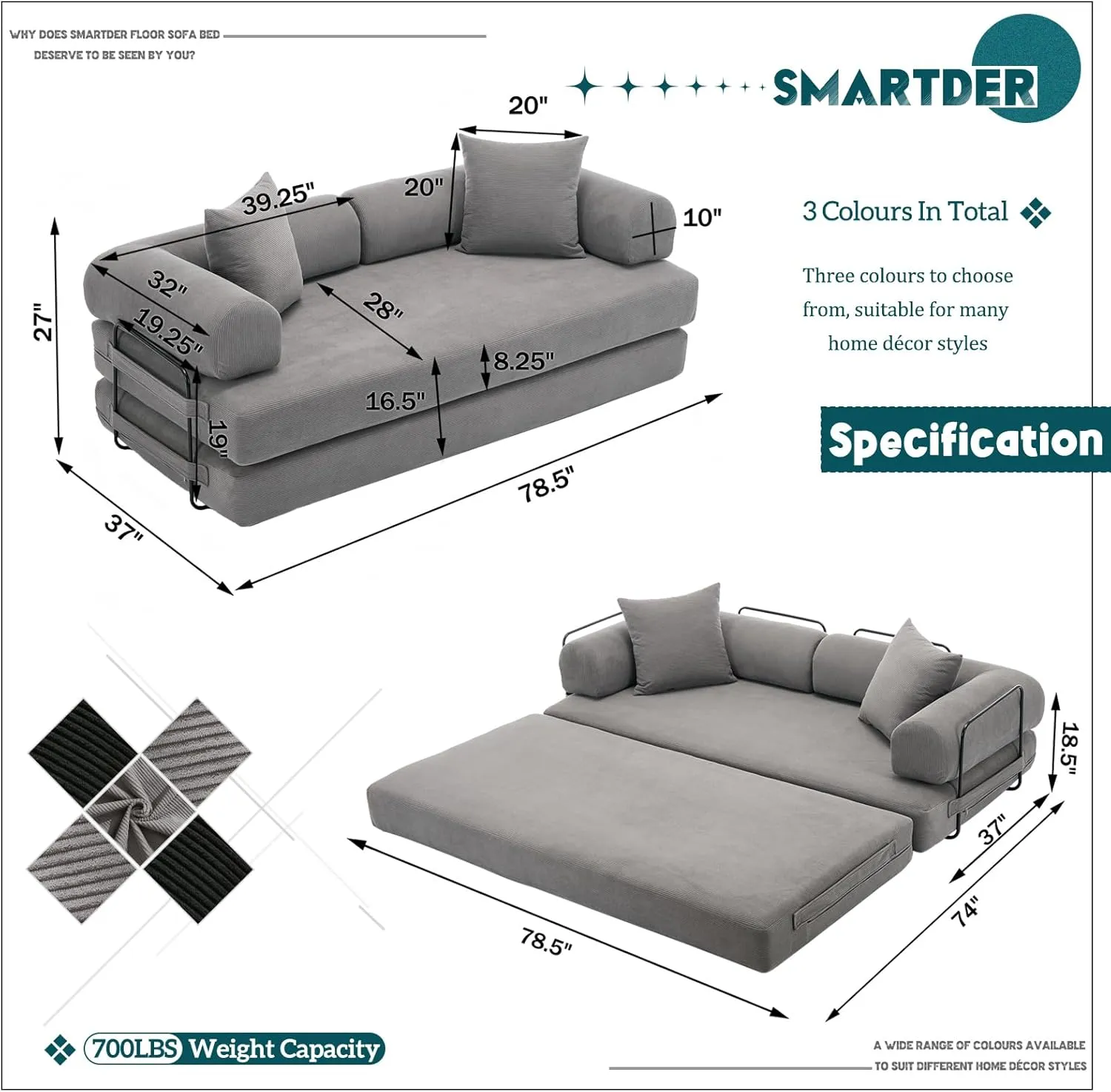 Convertible Folding Sofa Bed, Modular Floor Sofa with Removable Backrest, 3-Seater Fold Out Couch Bed with Pillows, King Size Futon Lazy Couch Corduroy Sleeper for Living Room, Dorm, Grey