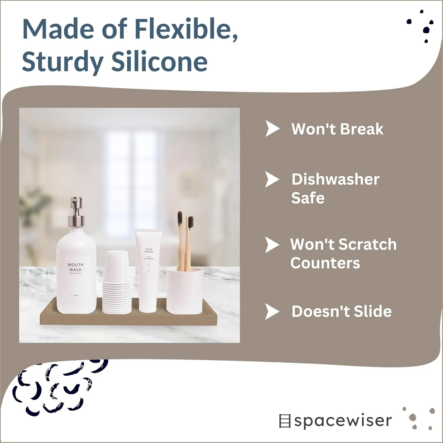 Countertop and Vanity Tray - 11.7" Silicone Bathroom Tray, Flexible Dish Soap Holder for Kitchen, Bathroom Counter Organizer, Shower Toilet Tank Trays Décor Accessories, Sink Makeup Mat Oil