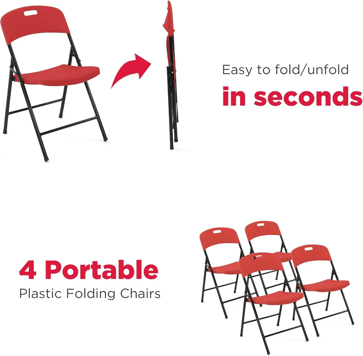 Creative Outdoor 4 Portable Plastic Folding Chairs, Sturdy Design, Indoor/Outdoor Events, Perfect Foldable Chairs for Camping/Picnic/Tailgating/Party (Red Set of 4 Chairs)
