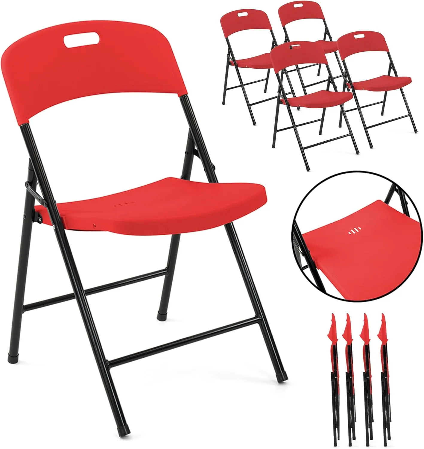Creative Outdoor 4 Portable Plastic Folding Chairs, Sturdy Design, Indoor/Outdoor Events, Perfect Foldable Chairs for Camping/Picnic/Tailgating/Party (Red Set of 4 Chairs)