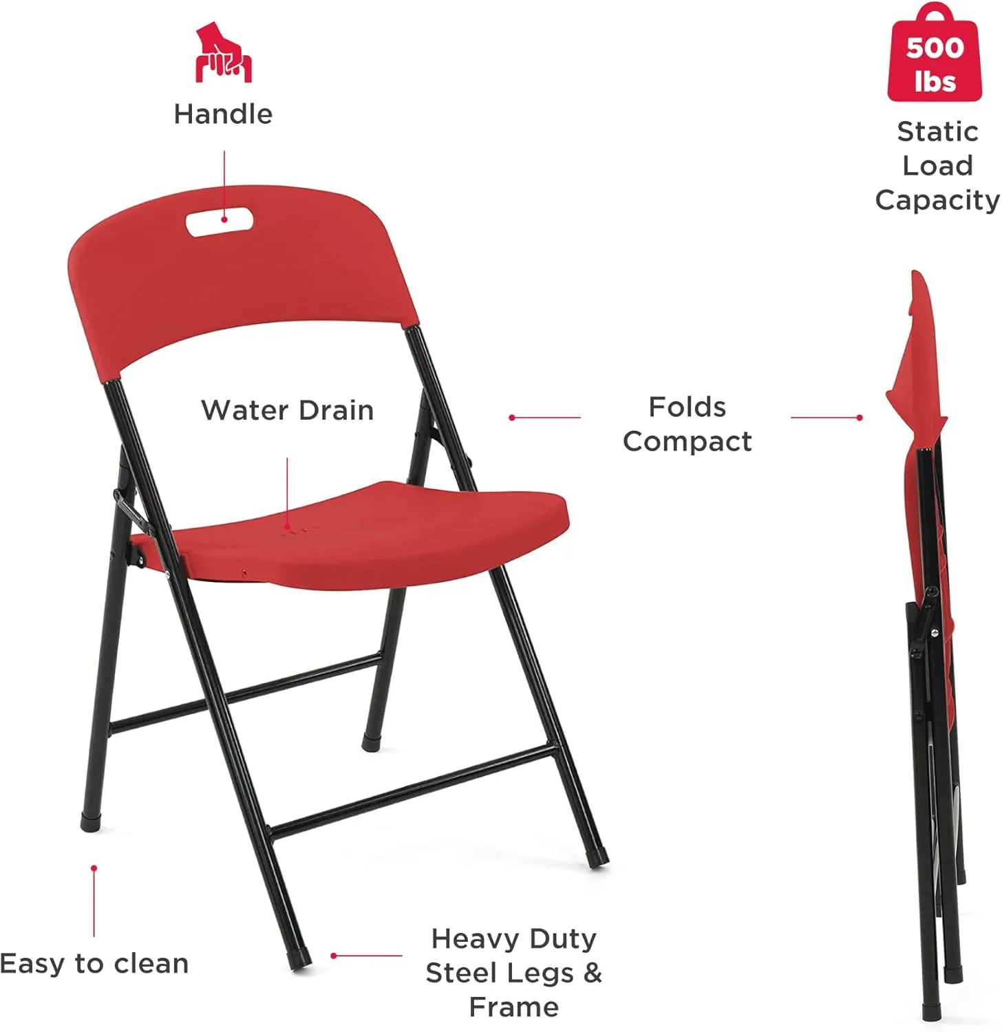 Creative Outdoor 4 Portable Plastic Folding Chairs, Sturdy Design, Indoor/Outdoor Events, Perfect Foldable Chairs for Camping/Picnic/Tailgating/Party (Red Set of 4 Chairs)