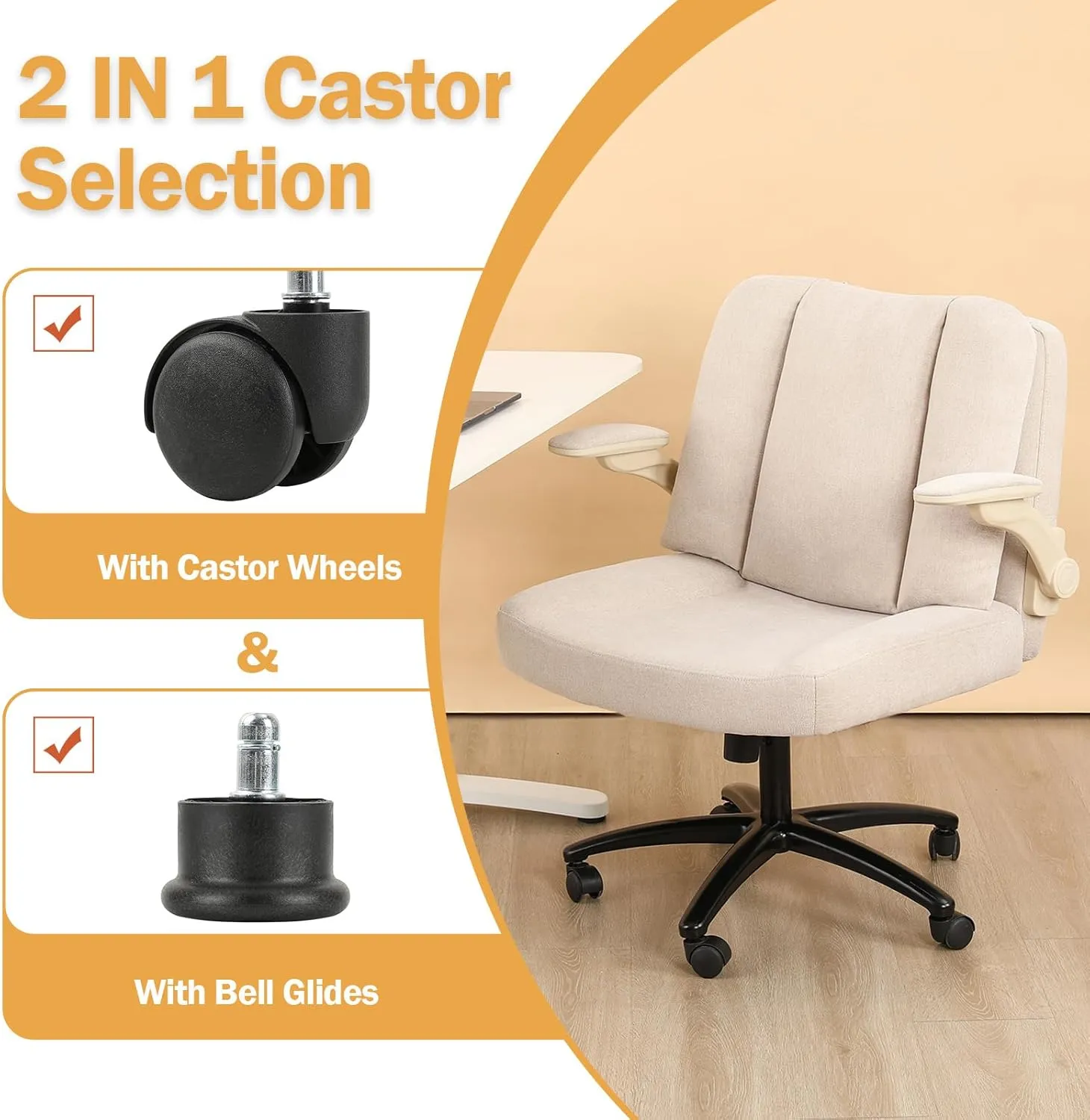 Criss Cross Chair with Arms, Plus Size Cross Legged Desk Chair with Flexible Back Cushion, Adjustable Arm Rest, Extra Wide Seat, 350lbs Fabric Home Office Chair with Castors and Bell Glides