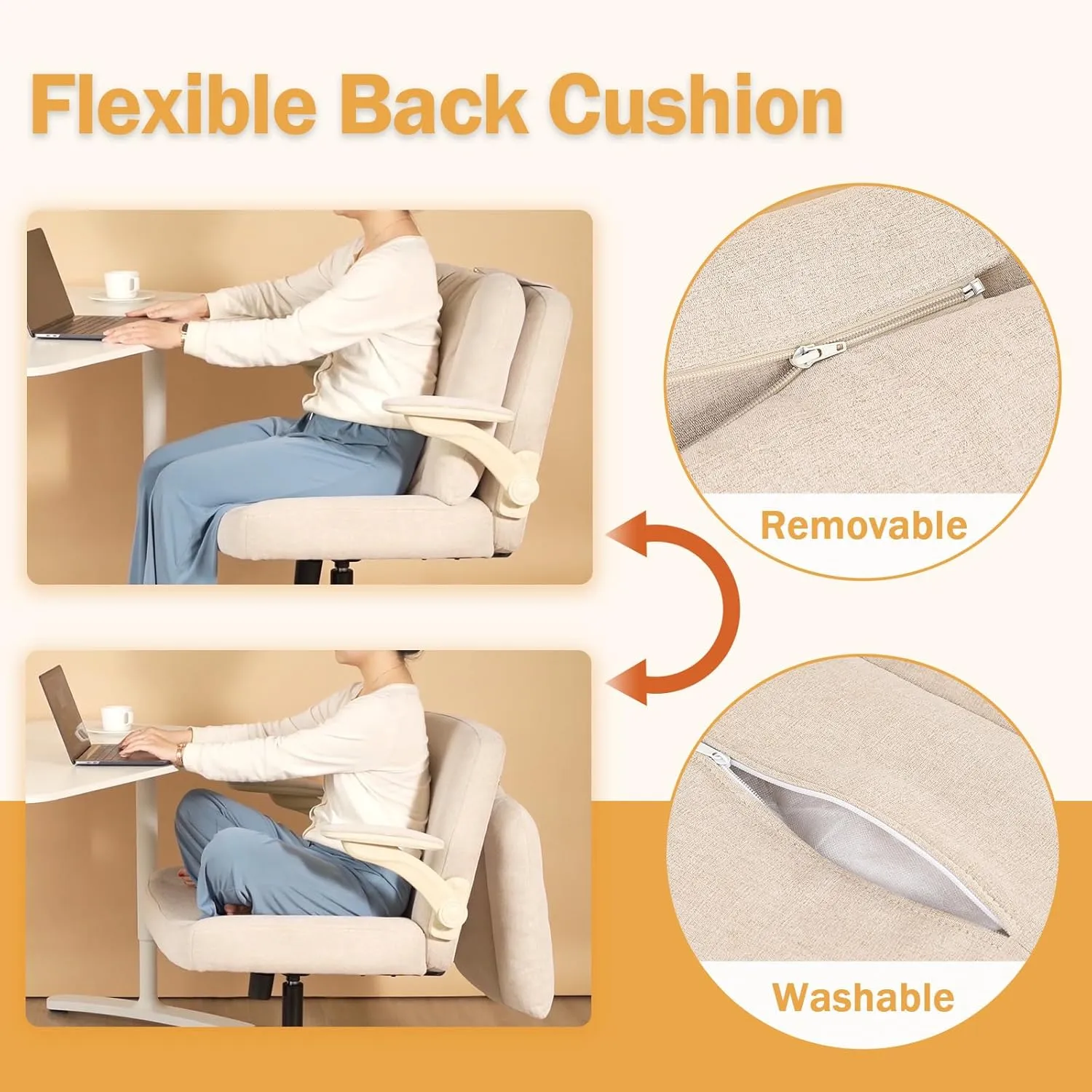 Criss Cross Chair with Arms, Plus Size Cross Legged Desk Chair with Flexible Back Cushion, Adjustable Arm Rest, Extra Wide Seat, 350lbs Fabric Home Office Chair with Castors and Bell Glides