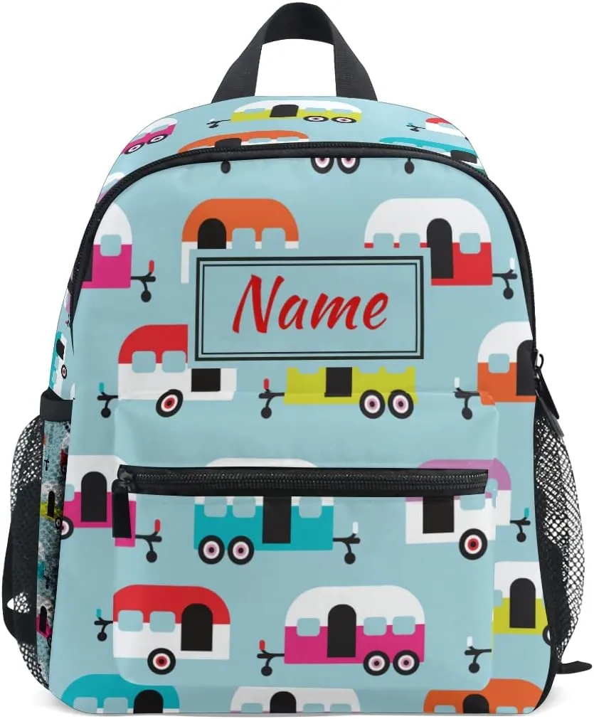 Custom Happy Camper Caravan Kids School BackpackToddler Personalized Your Name Preschool Shoulder Bookbag Kindergarten Elementary School Bag for Small Boys Girls