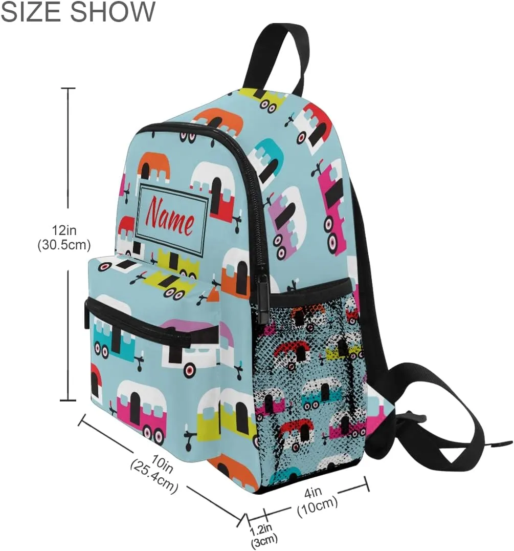 Custom Happy Camper Caravan Kids School BackpackToddler Personalized Your Name Preschool Shoulder Bookbag Kindergarten Elementary School Bag for Small Boys Girls