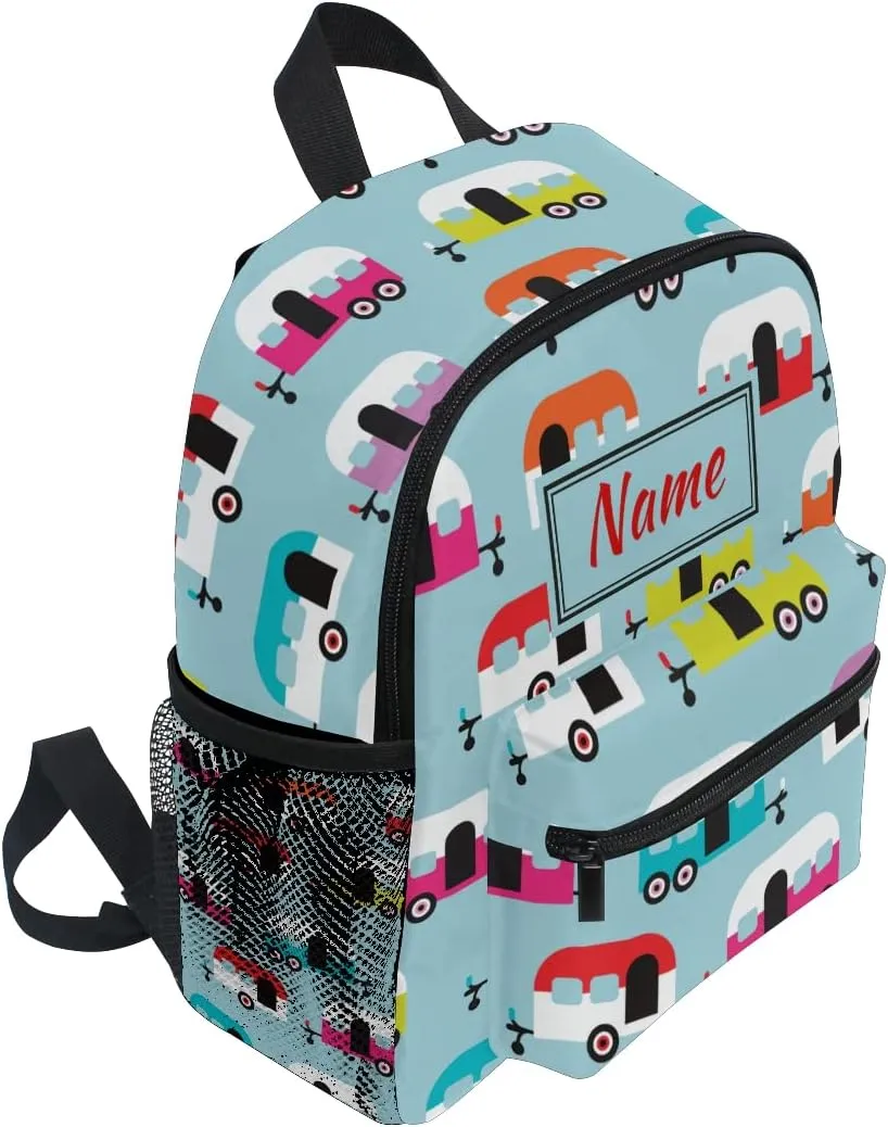 Custom Happy Camper Caravan Kids School BackpackToddler Personalized Your Name Preschool Shoulder Bookbag Kindergarten Elementary School Bag for Small Boys Girls