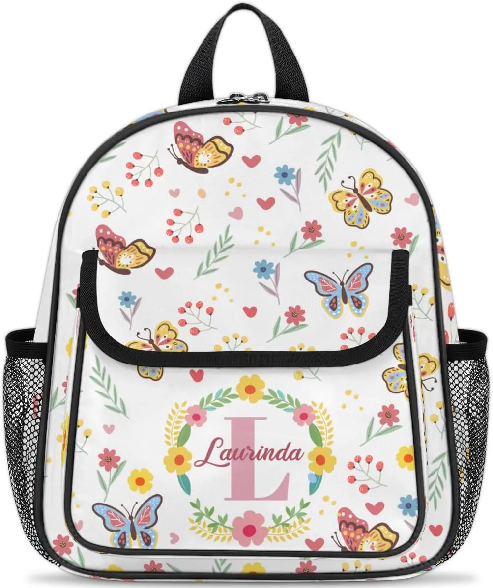 Custom Mini-Backpack for Girls-Kids-Toddler with Name Initial, Personalized Cute Flower Butterfly Mini Schoolbags, Children Kindergarten Preschool Bookbag, for Travel Daypack Nursery Daycare
