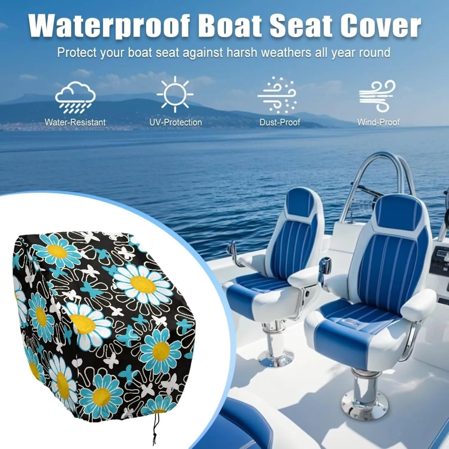Daisy Boat Folding Seat Cover Silver-Plated Polyester Weather Resistant Material Captain's Chair Cover Full Length Protection for Your Boat Seat Cover