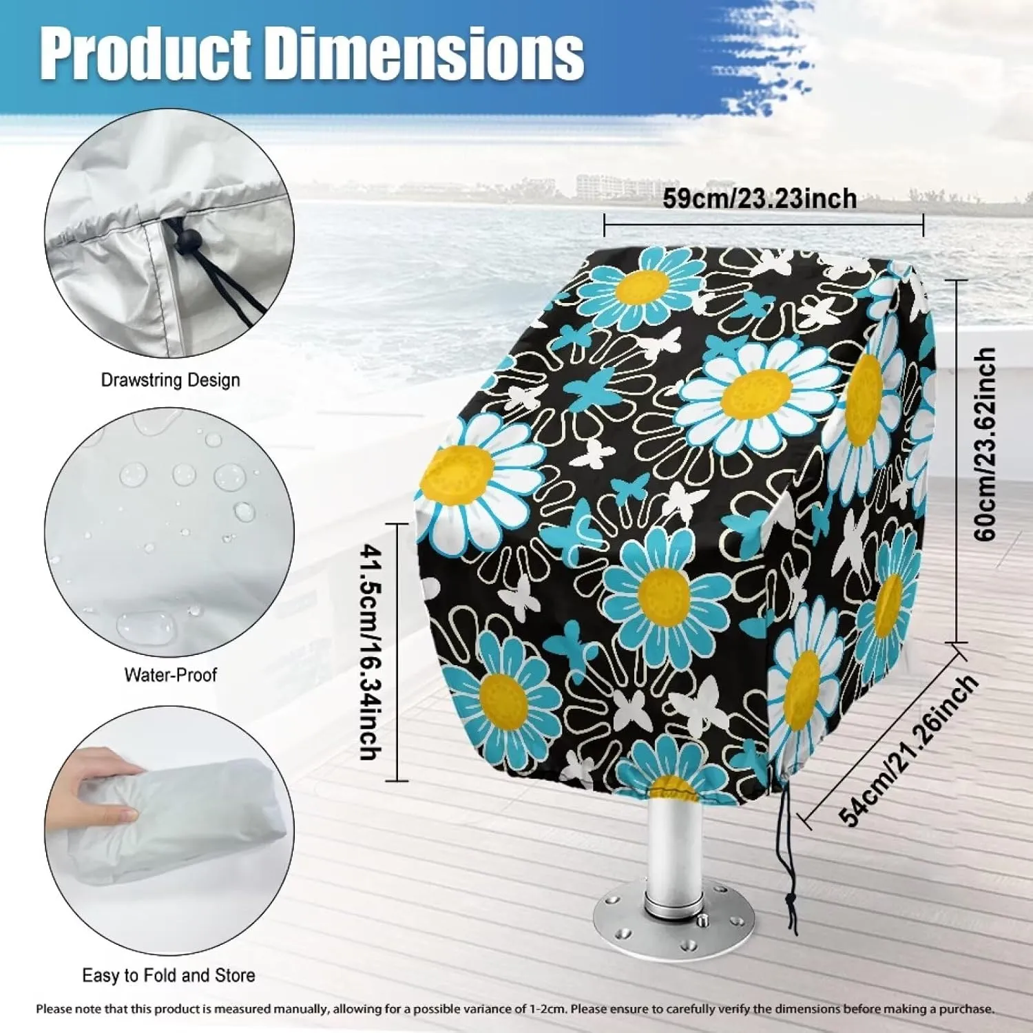 Daisy Boat Folding Seat Cover Silver-Plated Polyester Weather Resistant Material Captain's Chair Cover Full Length Protection for Your Boat Seat Cover