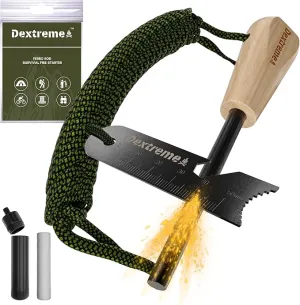 Dextreme Ferro Rod Flint Fire Starter Kit with Handcrafted Wood Handle, Coton Tinder, Transport Bag Multi-Tool Striker Paracord Lanyard for Camping Gear 12,000  Strikes 5/16'' Thick Bushcraft Survival